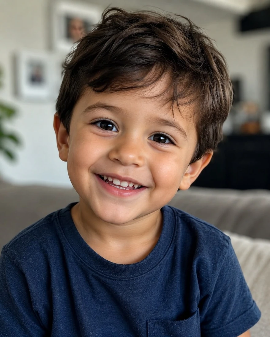 Foto original de uma criança sorrindo, com cabelos castanhos e camiseta azul.