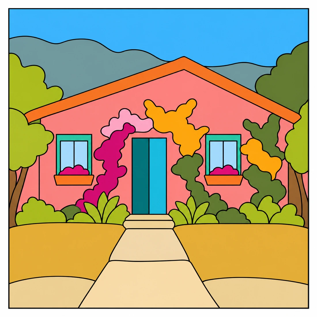 Referência colorida do molde da casa rosa, com janelas azuis e vegetação colorida.