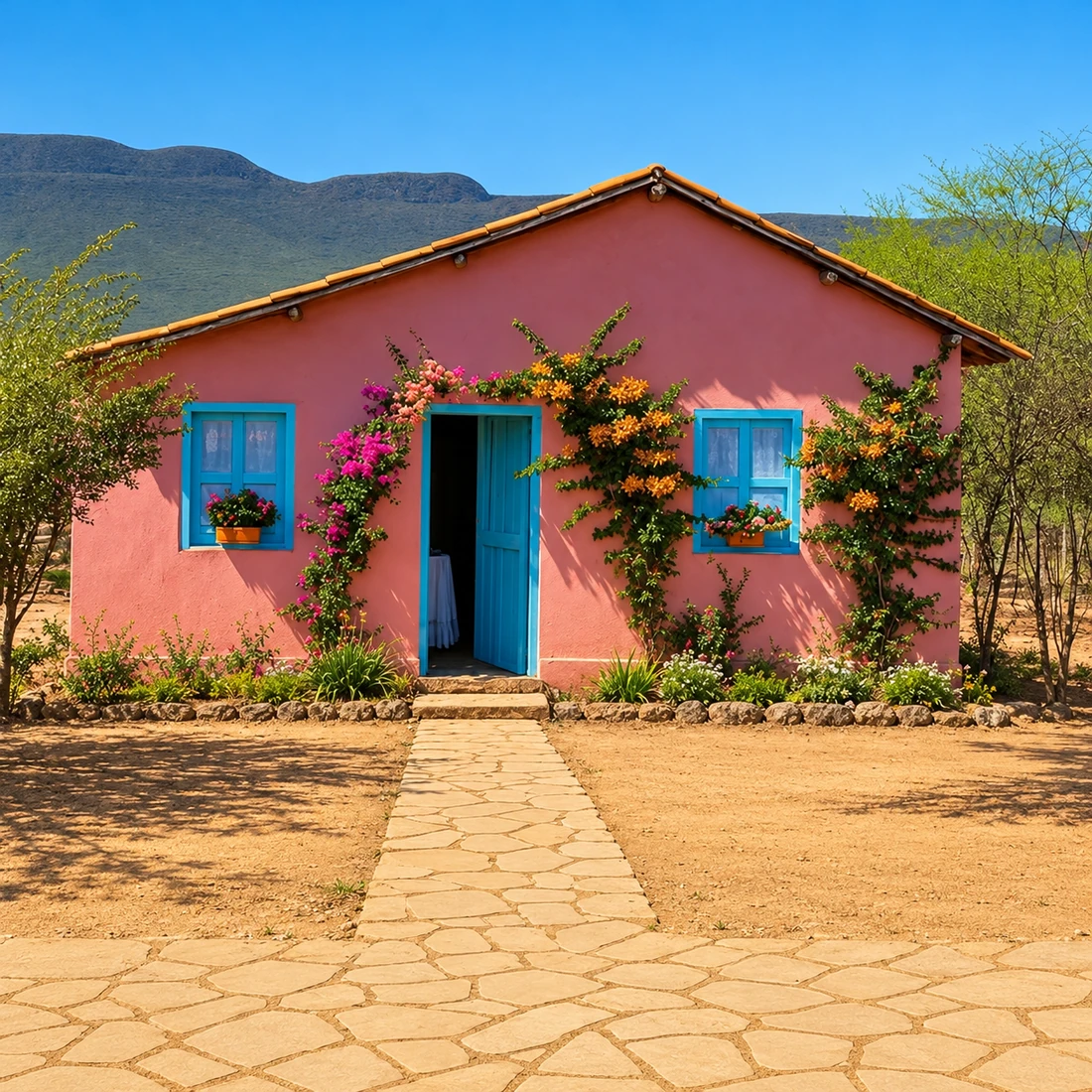 Foto de uma casa rosa com portas e janelas azuis, flores e montanhas ao fundo.