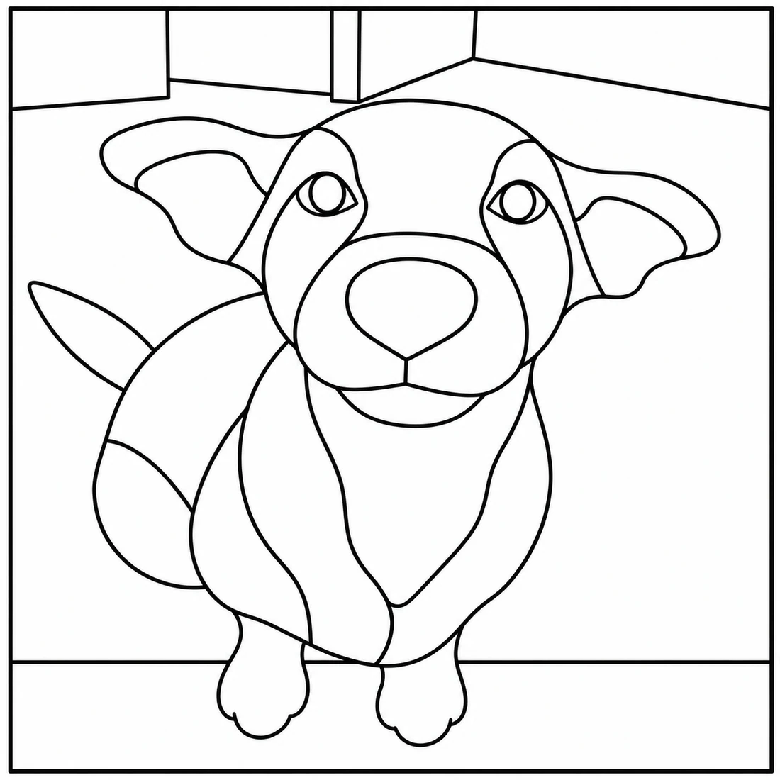 Molde em linhas do mesmo cachorro sentado, com as áreas do desenho delimitadas.