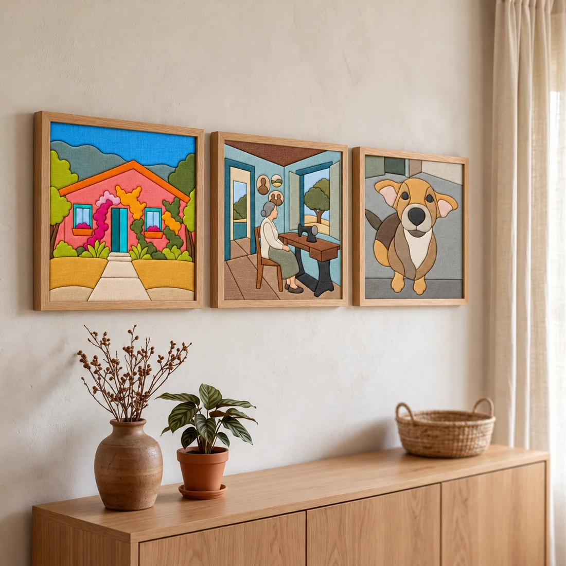 Inspiração de decoração com os três projetos em molduras de madeira, acima de um aparador com vasos e uma planta.